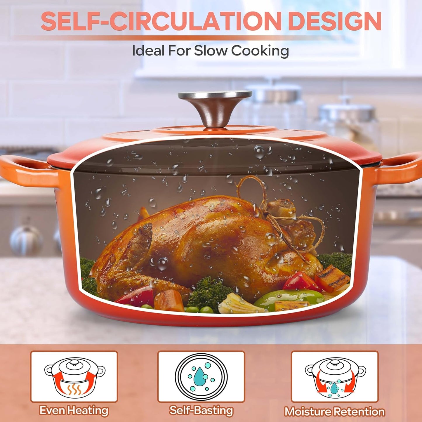 Herogo Enameled Cast Iron Dutch Oven with Lid and Dual Handles, 3QT Heavy Duty Round Dutch Oven Pot for Bread Baking Stewing Roasting, Nonstick & Easy Cleanup, Safe for Various Stovetops - Orange