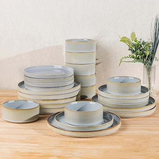 TheTerra Ceramic Dinnerware Sets for 8, 24 Pieces Porcelain Lightweight Speckled Plates and Bowls Sets, Scratch Resistant Dish Set, Oven & Microwave & Dishwasher Safe, Illusion Blue