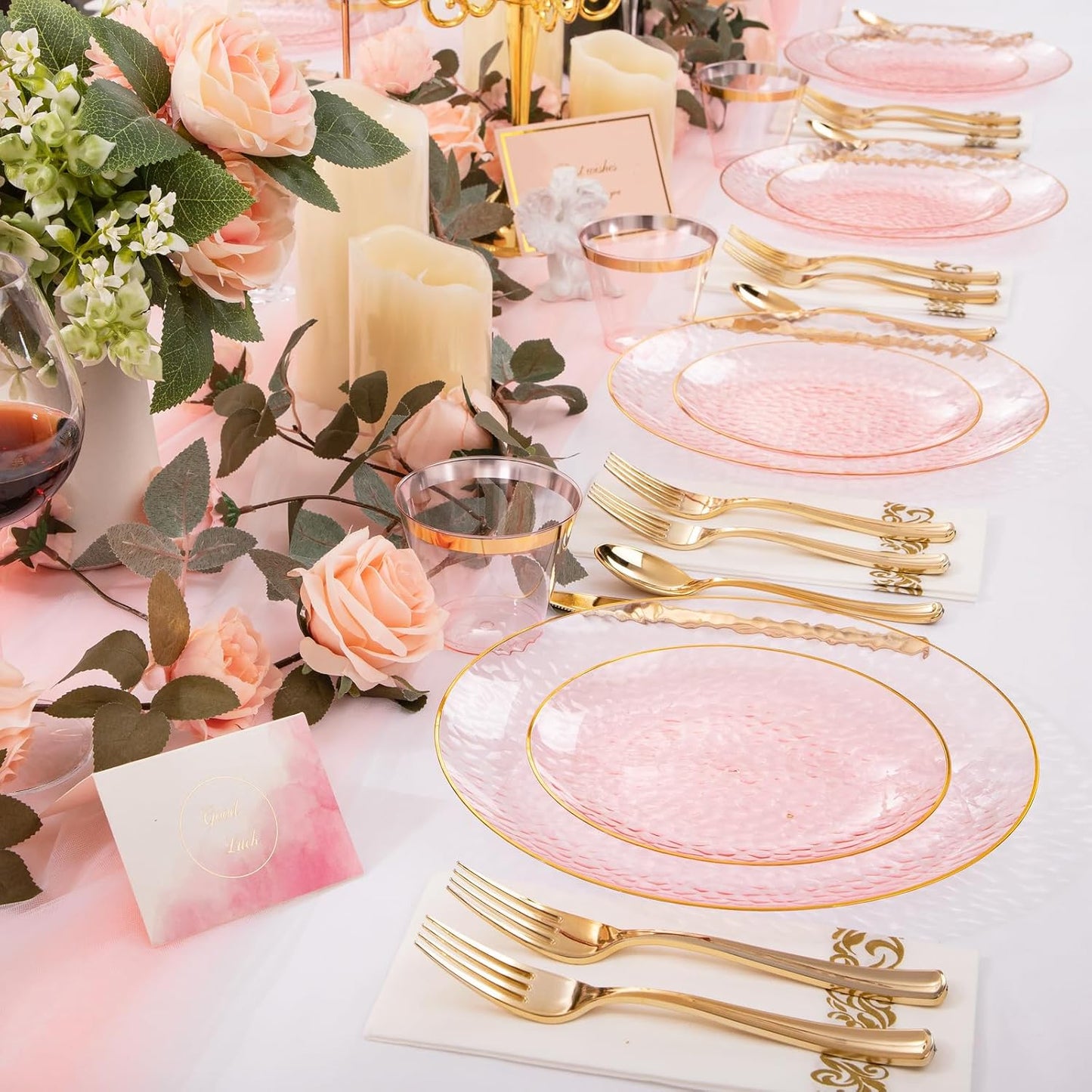 DaYammi 175 Pcs Pink Plastic Plates Dinnerware Set (25 Guests), Pink Disposable Plates With Gold Rim, Hammered Party Platos Set Include Dinner Platos, Dessert Plates, Cups, Cutlery for Party