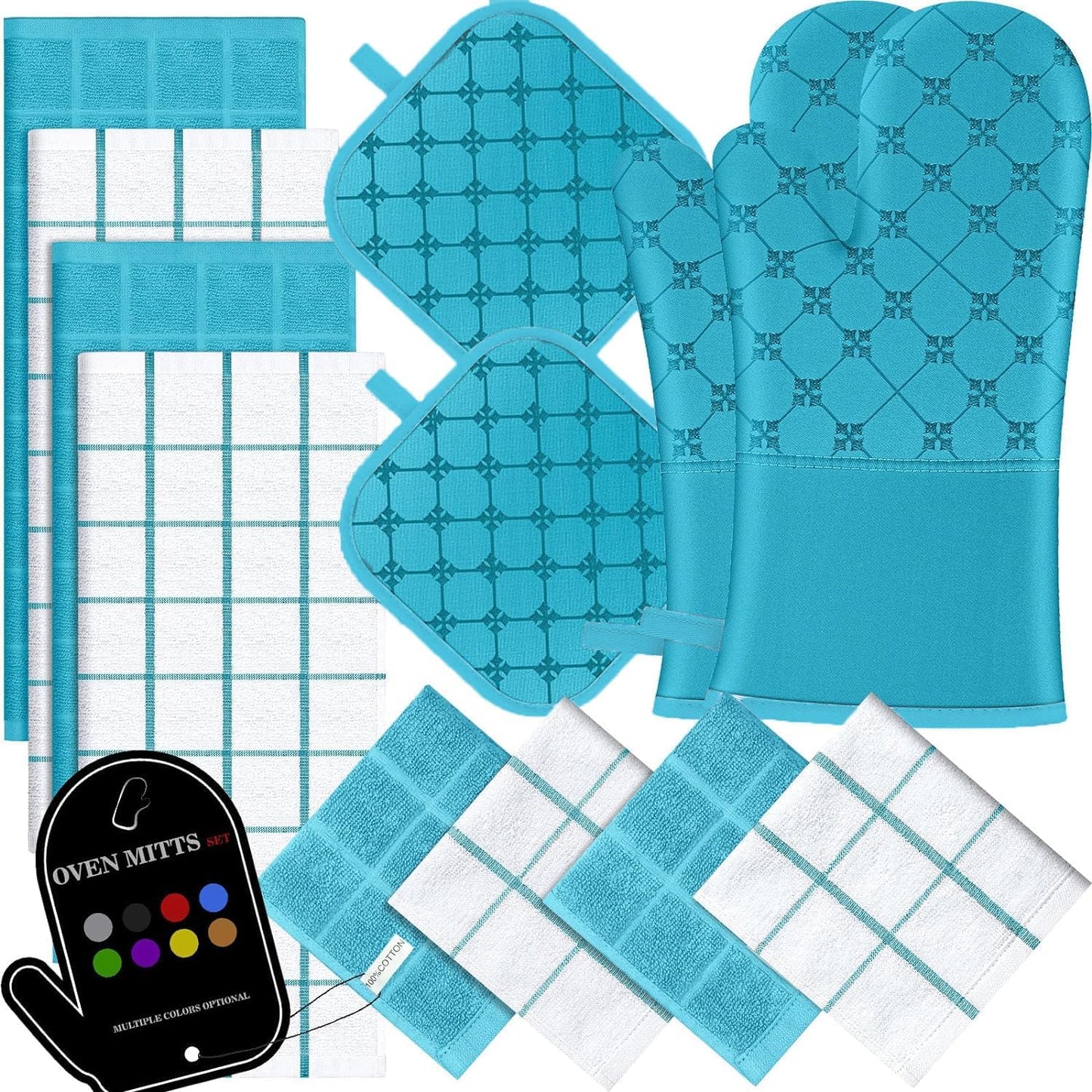 Oven Mitts Kitchen Towels Dishcloths with Pot Holders Sets 12PCS, Dish Towels Sets, Oven Gloves Pot Pads Heat Resistant 500 Degrees with Non-Slip Silicone Surface for Cooking Baking Grilling (Blue)