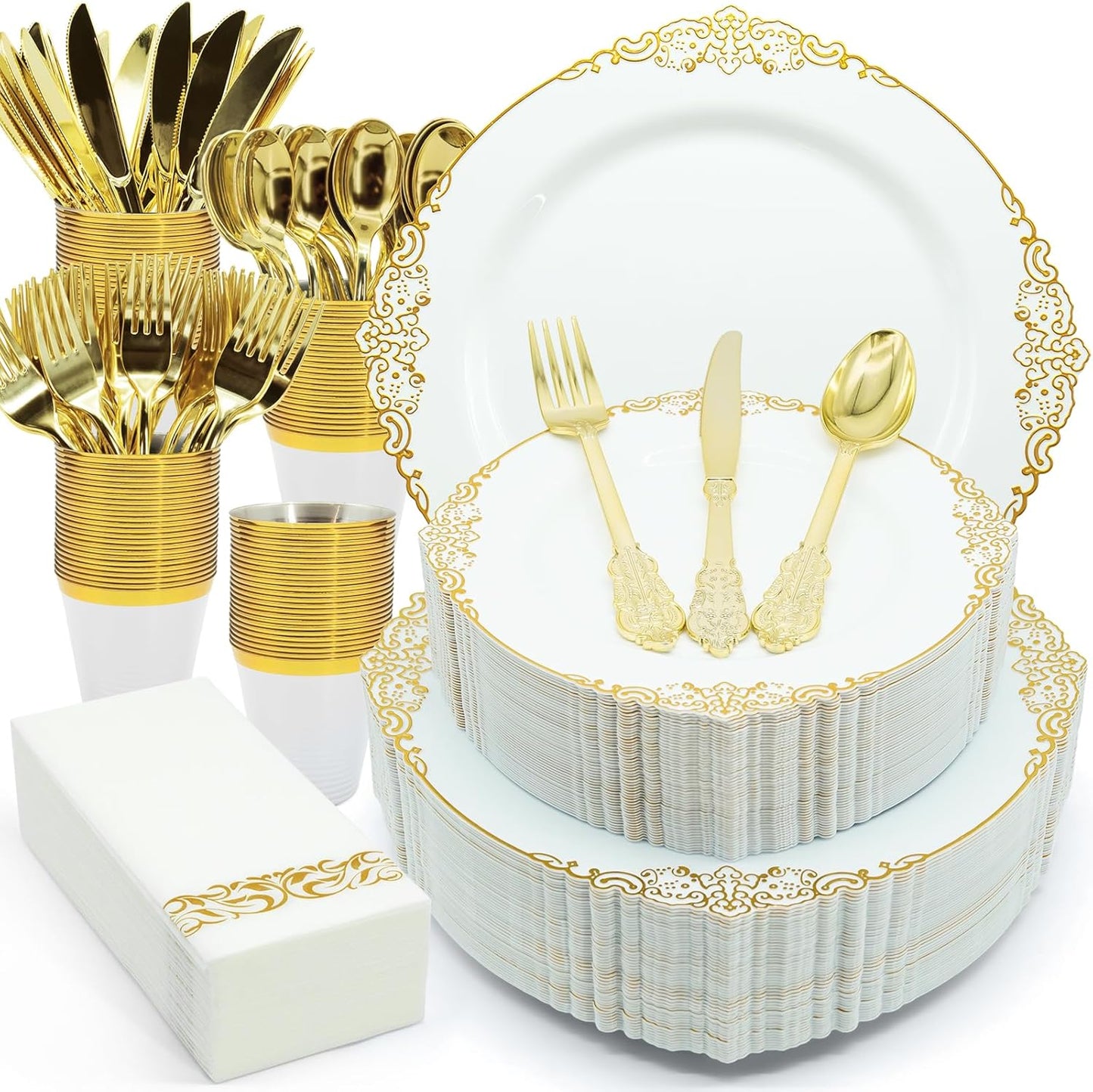 AIRE 175PCS Gold Plastic Plates for Party Supplies Dinnerware Sets for 25 Guests, Disposable Plastic Party Plates, Cups, Spoons, Forks, Knives, Napkins for Wedding Birthday Thanksgiving BBQ Parties