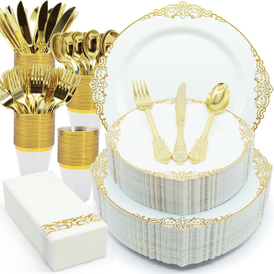 AIRE 350PCS Gold Plastic Plates for Party Supplies Dinnerware Sets for 50 Guests, Vintage Disposable Plastic Party Plates Cups Spoons Forks Knives Napkins for Wedding Birthday Christmas BBQ Parties
