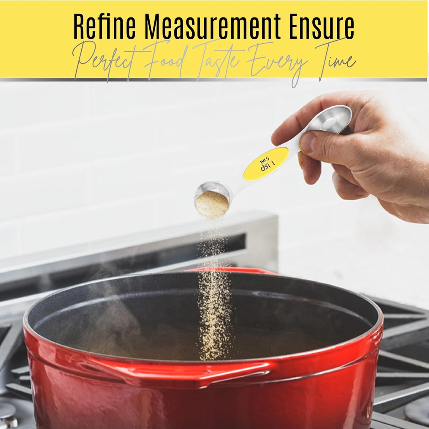 Magnetic Measuring Spoons Set of 9 Stainless Steel Dual-Sided Stackable Measuring Spoon Nesting Teaspoons Measuring Dry and Liquid Ingredients, Fits in Spice Jars Set of 9 (Yellow)