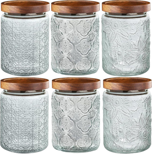 6-Pack 24 OZ Vintage Glass Jar with Lid, Airtight Food Storage Canisters with Bamboo for Kitchen Counter Pantry, Ideal for Coffee, Candy, Tea, Oats, Sugar, Cookies Decorative Jars