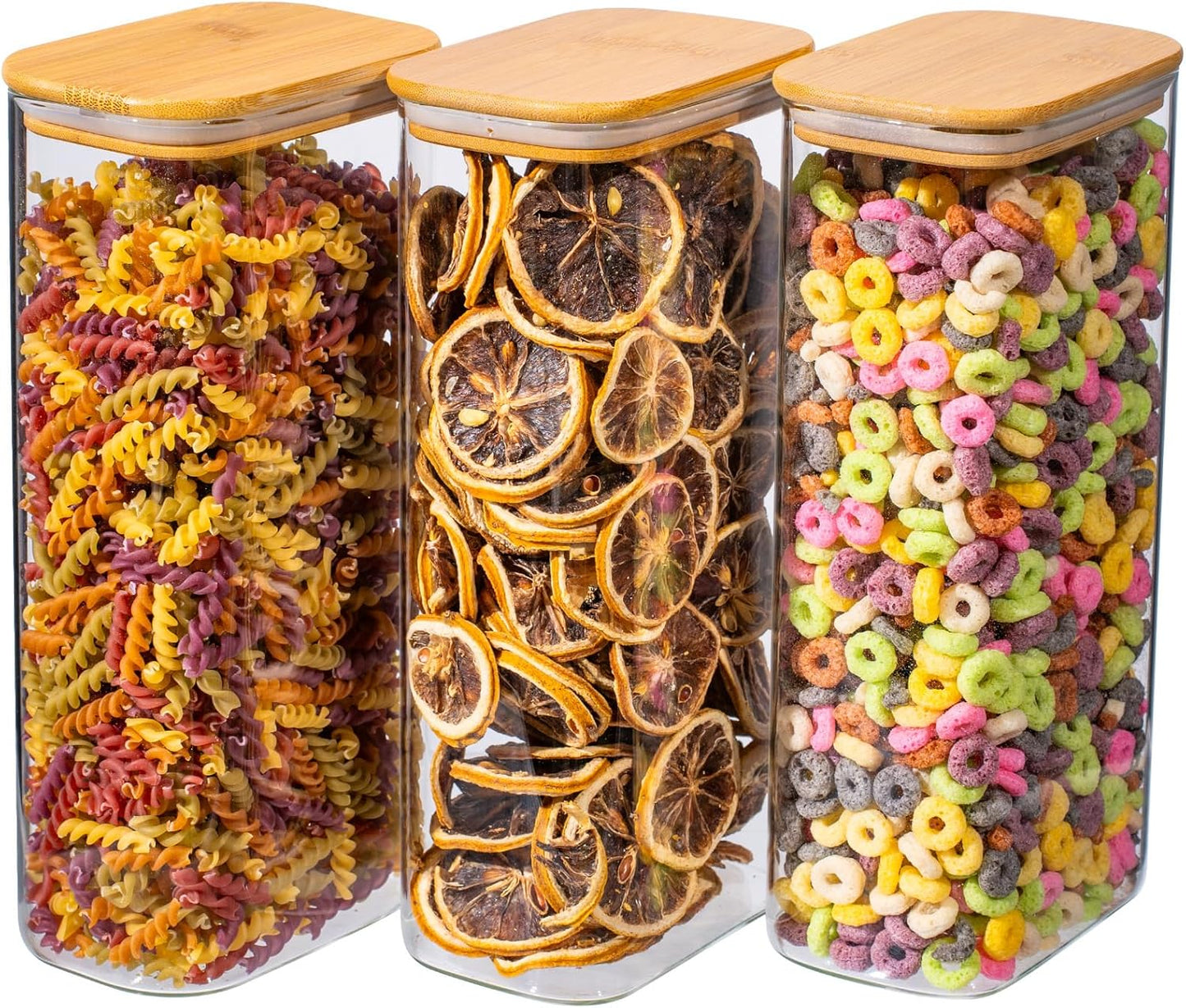 63oz 3PCS Rectangle Glass Storage Containers with Bamboo Lids, Glass Jars with Lids, Clear Food Jar, Square Canister, Pantry Organizers and Storage for Flour, Pasta, Coffee, Tea, Snack, Cookie