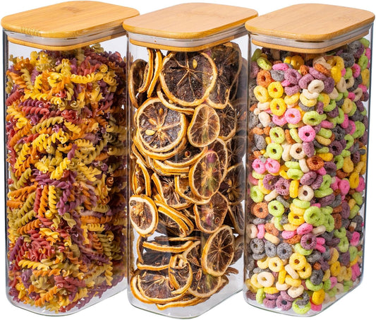 63oz 3PCS Rectangle Glass Storage Containers with Bamboo Lids, Glass Jars with Lids, Clear Food Jar, Square Canister, Pantry Organizers and Storage for Flour, Pasta, Coffee, Tea, Snack, Cookie