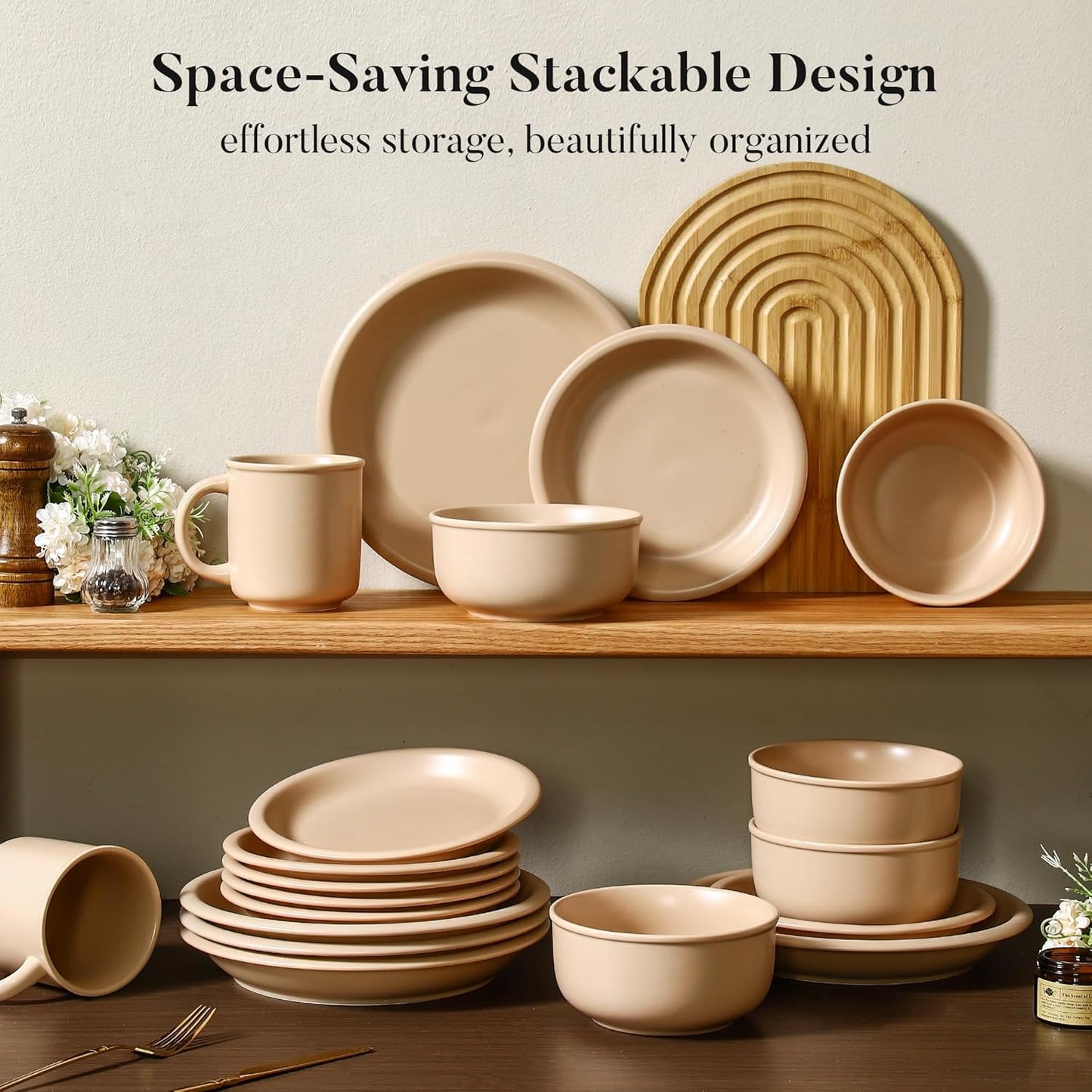 GZG Vintage Series - Ceramic Dinnerware Set for 2, 6 Pieces Stoneware Plates and Bowls Set, Lead-Free, Handcrafted Dishes Set, Microwave & Dishwasher Safe - Warm Apricot