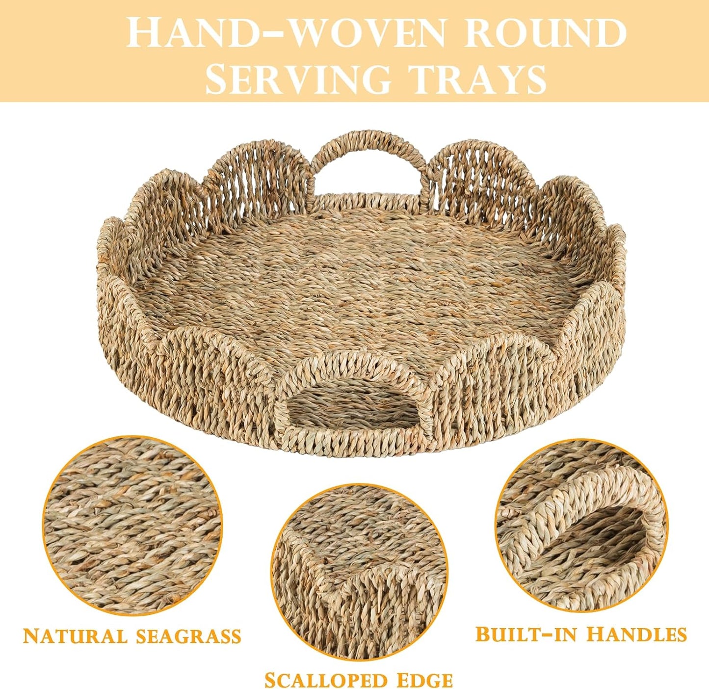 Scalloped Serving Tray, 13.8" Woven Round Table Decor Tray, Wicker Rattan Basket with Handles, Natural Seagrass Tray for Room Decor, Set of 2