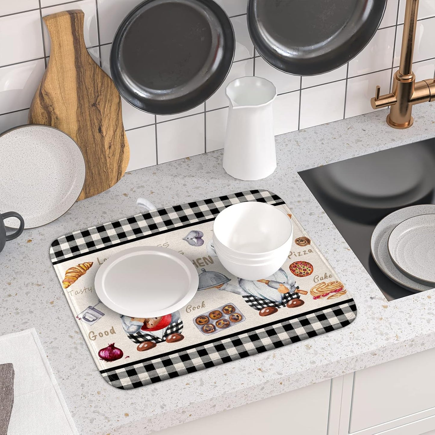 Gnome Chef Dish Drying Mat for Kitchen Counter Decor, Black White Buffalo Checked Dish Drainer Rack Mats Absorbent Microfiber Protector for Countertops Sinks, 16x18 Inch