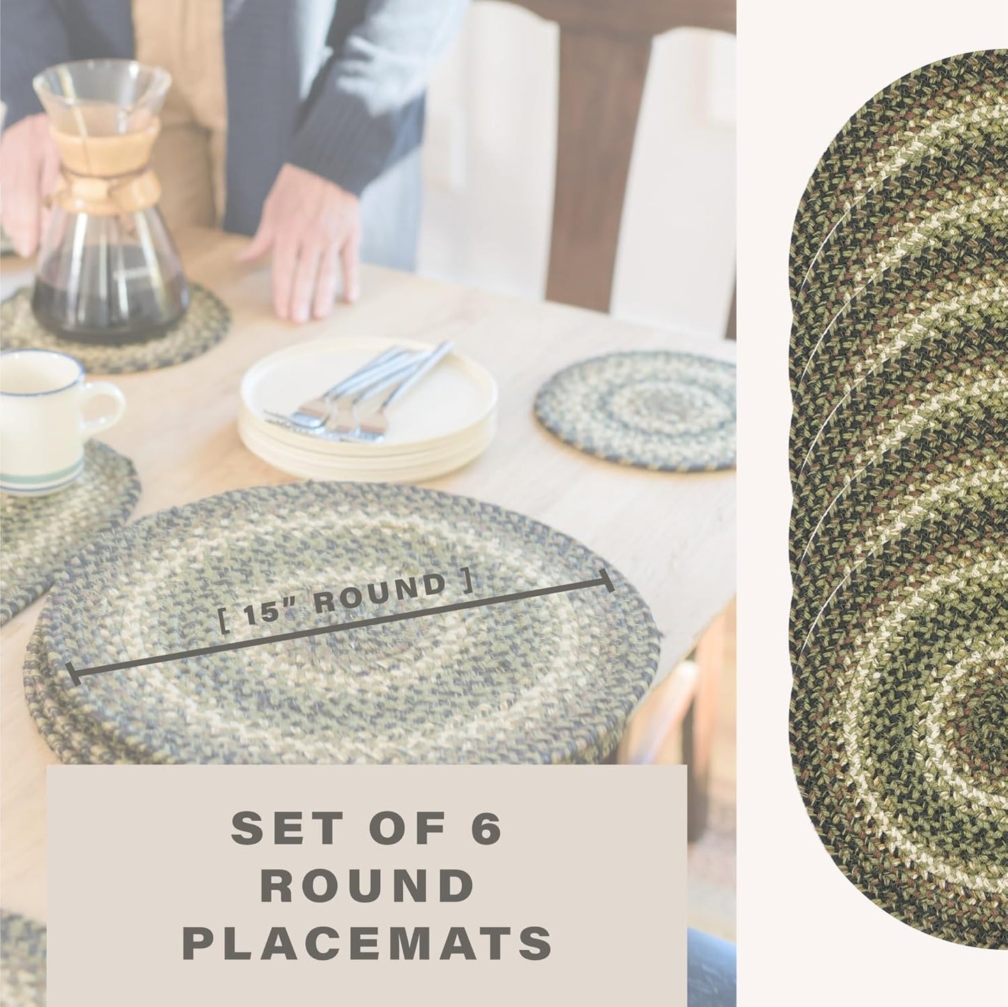 Pinecone Jute Woven Round Placemats Set of 6, 15", Warm Country Rustic Decor, Green Table Mats - Vibrant Colors, Durable, Easy to Clean and Protects Furniture