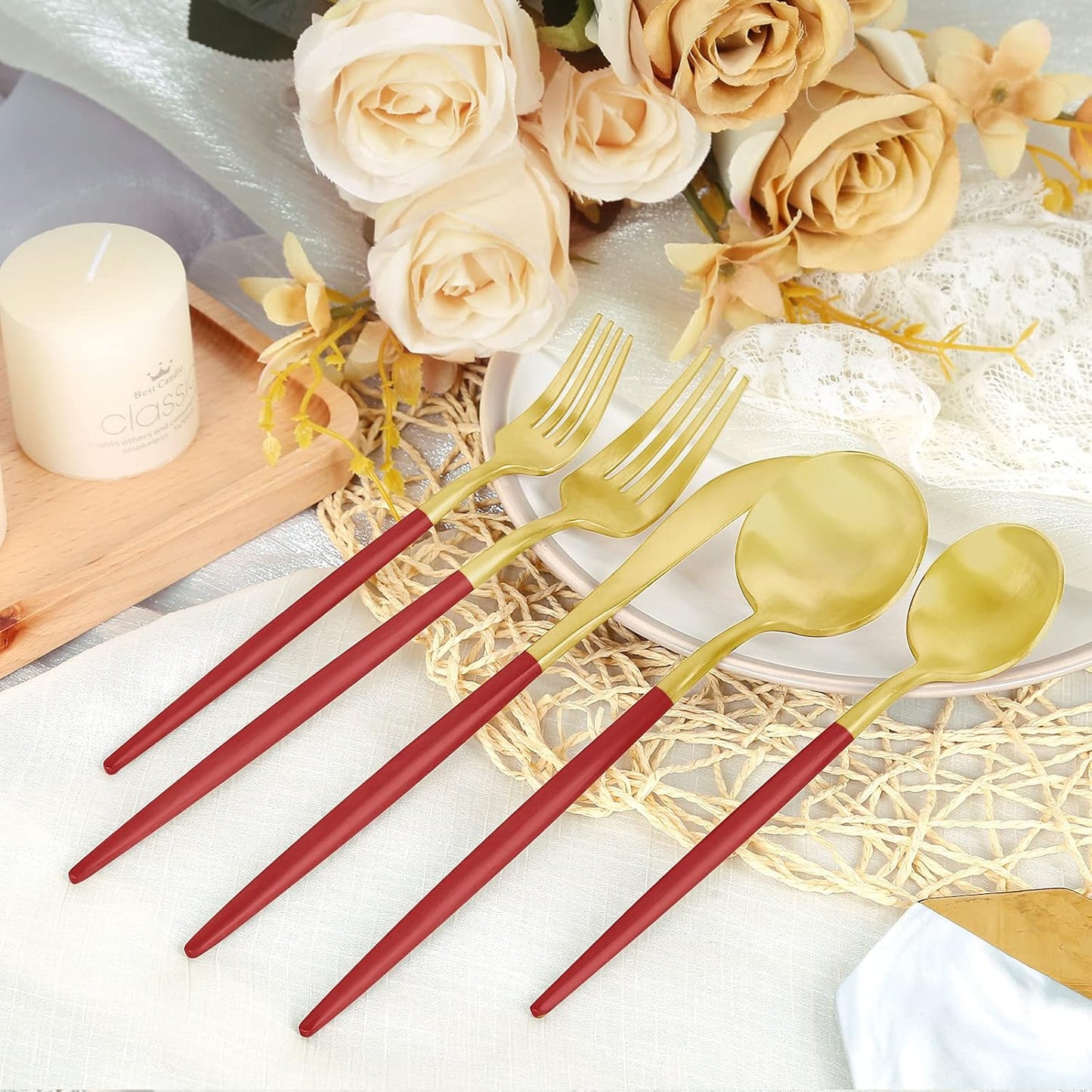 Matte Red Gold Silverware Set 30 Pieces, FAMEWARE Stainless Steel Flatware Set，Service for 6，Kitchen Utensil Set, Tableware Cutlery Set, Satin Finished Polished & Dishwasher Safe