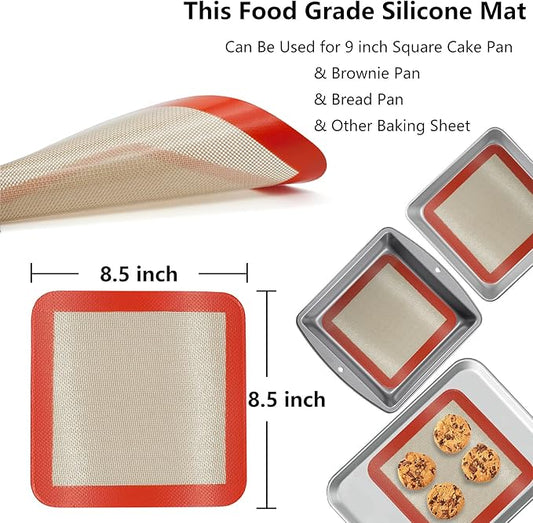 Square Silicone Baking Mats for 9 Inch Cake Pan, 8.5" Food Grade Non-stick Reusable Silicone Mat for Baking Pan for Bread/Pastry/Toast/Pie, Professional Cookie Sheets Liners for Brownie Pan 2 PCS
