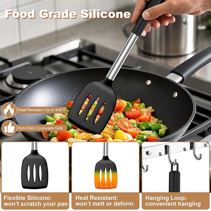 LIANYU Kitchen Utensils Set of 6, Silicone Cooking Utensils Set for Nonstick Cookware, Heat Resistant Kitchen Spatula Gadgets Tools, Stainless Steel Handle, Black