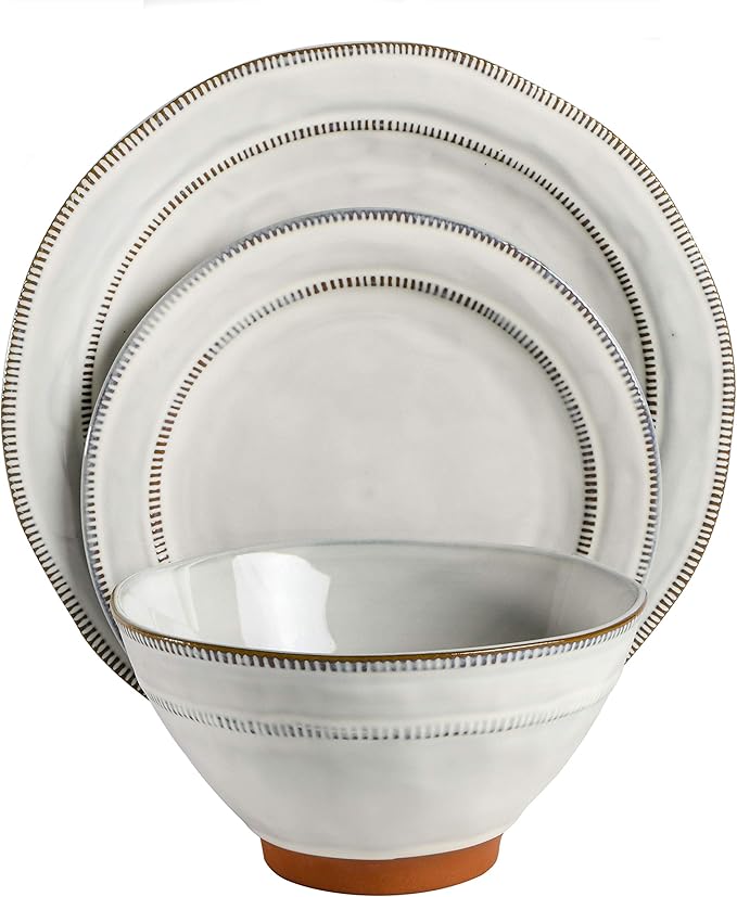 Gibson Elite Terranea Round Reactive Glaze Terra Cotta Dinnerware Set, Service for Four (12pcs), White