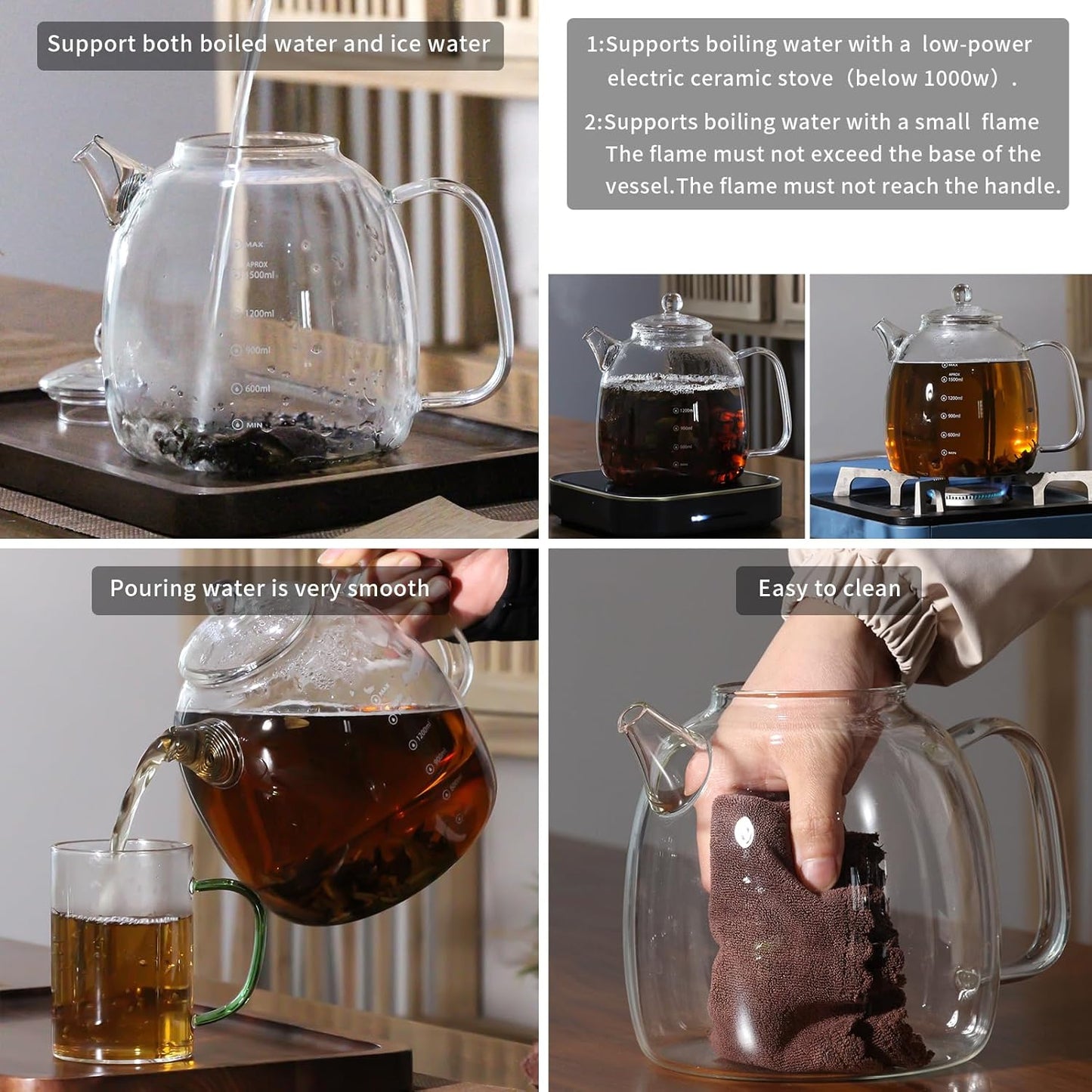 Glass kettle, high borosilicate glass kettle with scale markings, a 2000ml water bottle capacity, suitable for making tea with ice water or boiling water (Panda [Teapot] Glass Lid)