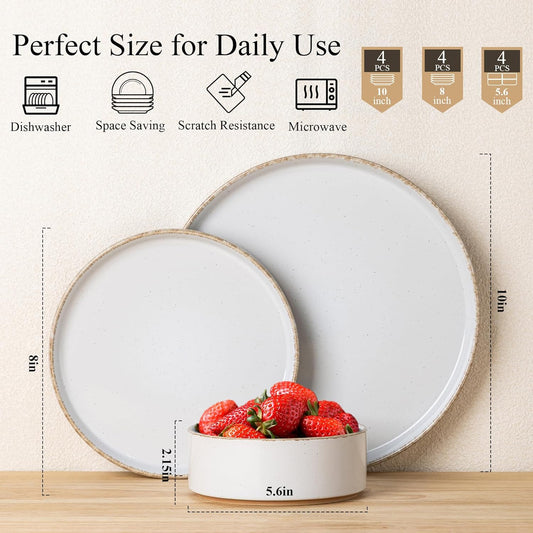 AmorArc Ceramic Dinnerware Sets for 4, 12 Pieces Handpainted Plates and Bowls Set with Rustic Terracotta Underside, Scratch Resistant Stoneware Dishes Set, Dishwasher & Microwave Safe