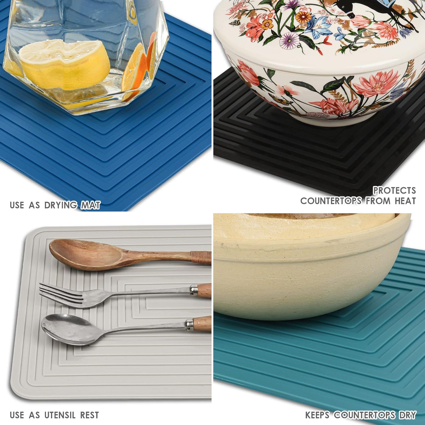 Silicone Trivets for Hot Dishes-Pots and Pans, Heat Resistant Mats, Hot Pads for Kitchen Table, Non Slip Silicone Mats-Pot Holders-Placemats, Rectangular Microwave Cover Mats Pack 4 Dark Gray