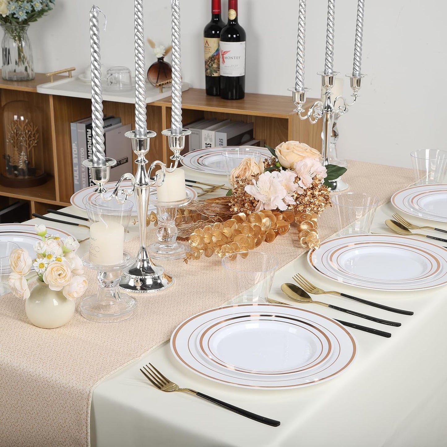 100PCS Rose Gold Plastic Plates Disposable Heavy Duty Include 50PCS 10.25inch Dinner and 50PCS 7.5inch Dessert Plastic Plates for Party Wedding Anniversary New Year