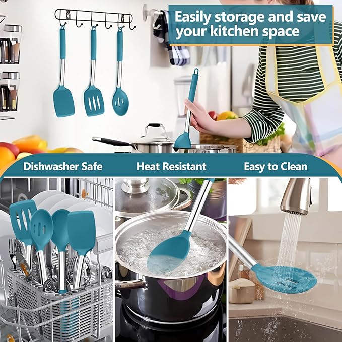 P&P CHEF Blue Kitchen Cooking Utensil Set of 4, Silicone Solid Spatulas Slotted Spoons Turners for Non-stick Cookware Flipping Mixing, Heat-proof