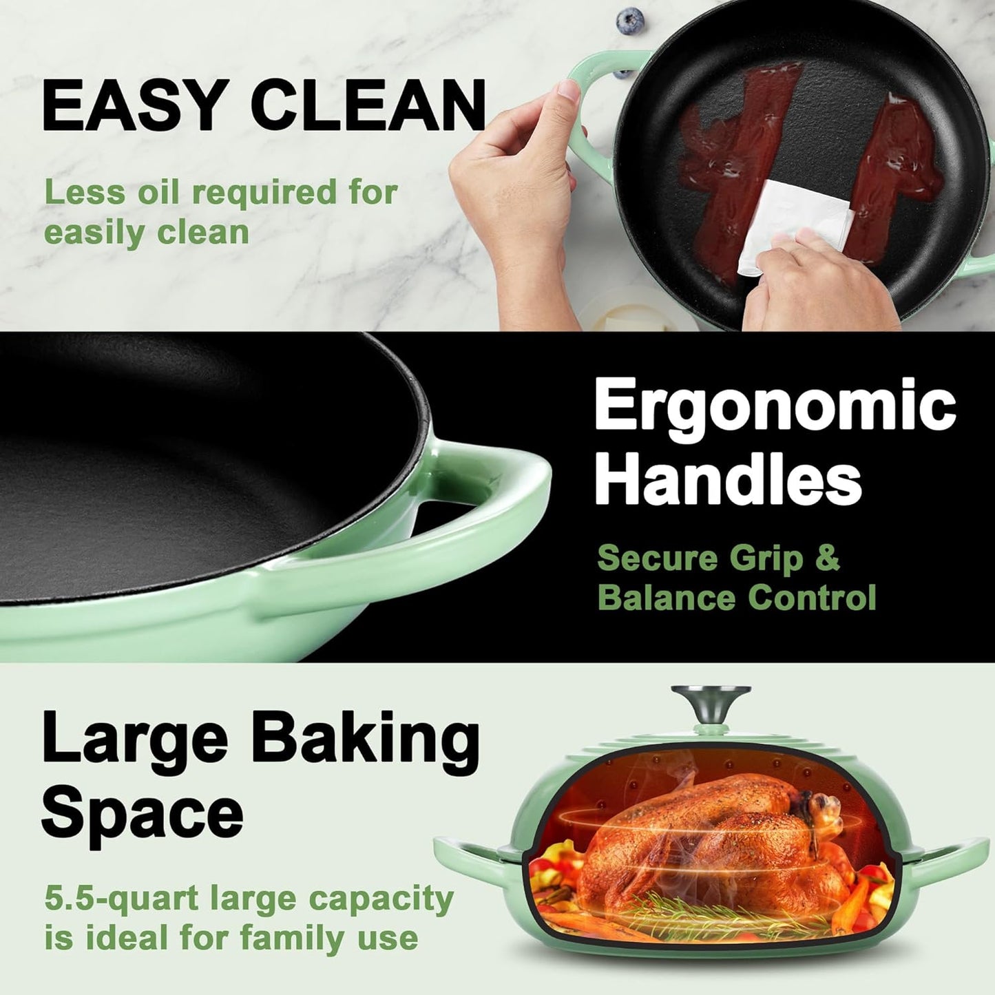 P&P CHEF Bread Dutch Oven for Sourdough, 5.5 Quart Enameled Cast Iron Dutch Oven Pot with Lid for Homemade Bread Baking, Easy to Clean & Even Heat, Pistachio Green