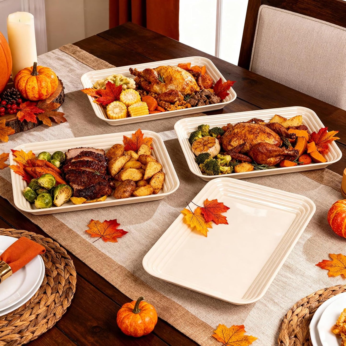 SUT 4-Pack Ivory Serving Trays for Entertaining, 16" x 11" Serving Platters for Snacks, Fruit, Cookies, Dessert, Reusable Plastic Trays for Serving Food and Party Organization in Kitchen &for Parties