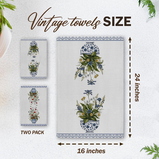 Colorful Flowers Kitchen Towels, Porcelain House Hand Towel Set of 2, Chinoiserie Gifts for Home Bathroom Holiday Decor - A09