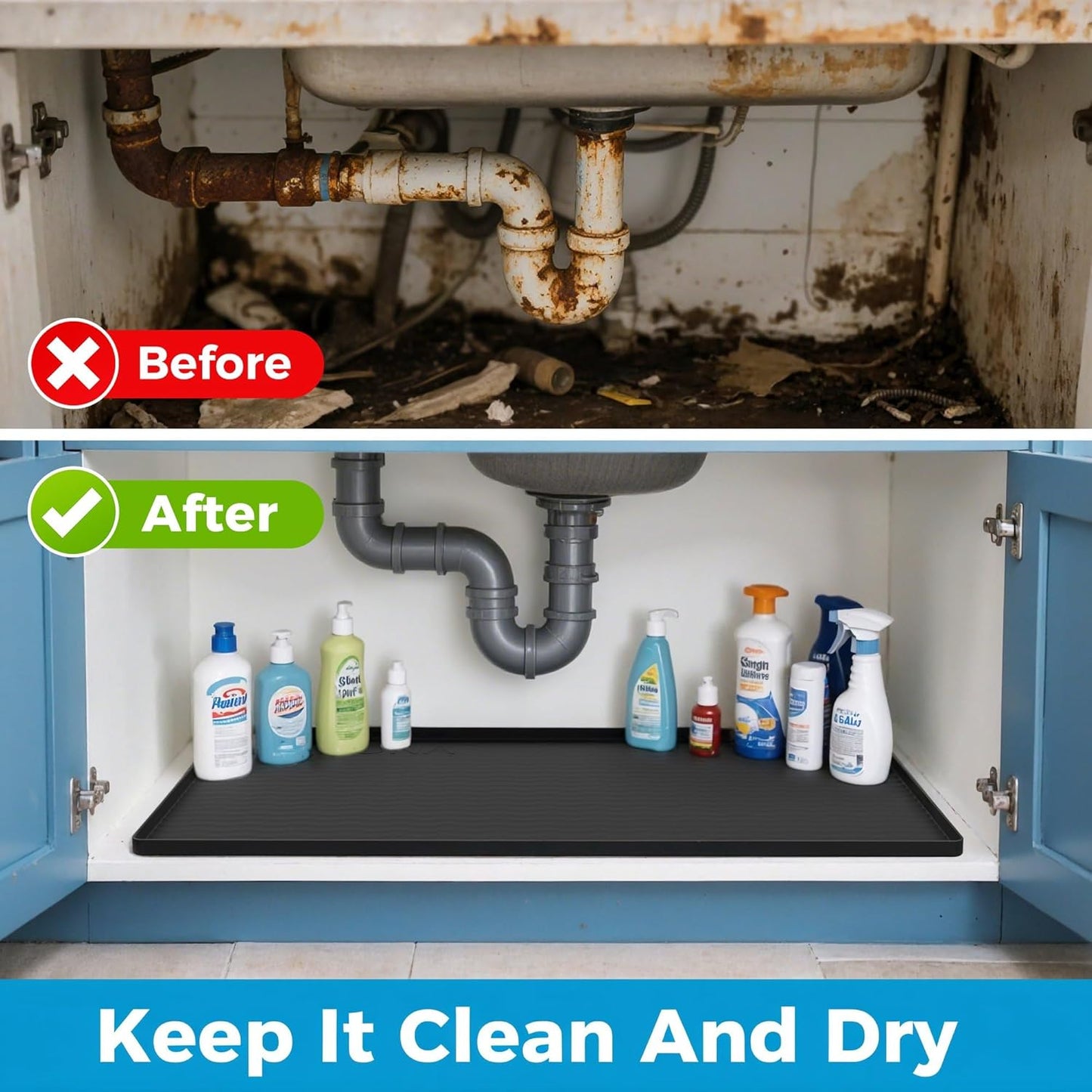 URMONA 16'' x 10'' Waterproof Silicone Under Sink Mat Cabinet and Counter Protector, Shelf Liner for Kitchen and Bathroom, Storage and Organizers, Litter Mat, Pet Cat Puppy Essentials（White Sand）