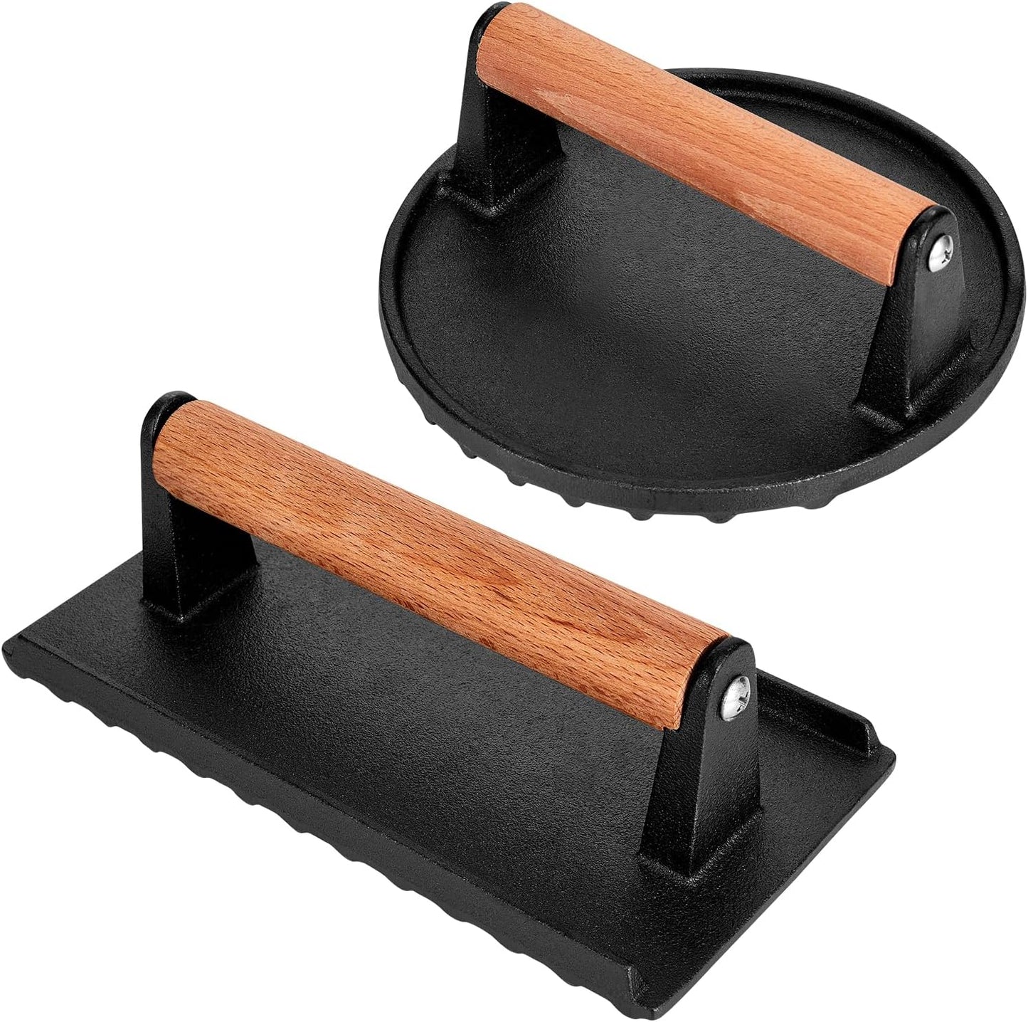 Blackstone Burger Press Set - 7" Round smash burger press & 8.3"x4.3" Rectangle Cast Iron Grill Press with Wooden Handle - Smasher is perfect for Blackstone Griddle, Pitboss Weber Griddle Grills