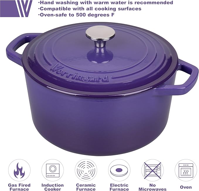 Enameled Cast Iron Dutch Oven Pot with Lid, for Bread Baking, Round Bread Oven- include Sourdough Bread Baking Supplies Set, 6QT, Purple