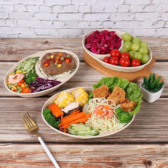 24 oz Oval Disposable bowls with lids,Sugarcane Salad Bowls 2 compartments take away food containers Plant Fibers 50 Pack