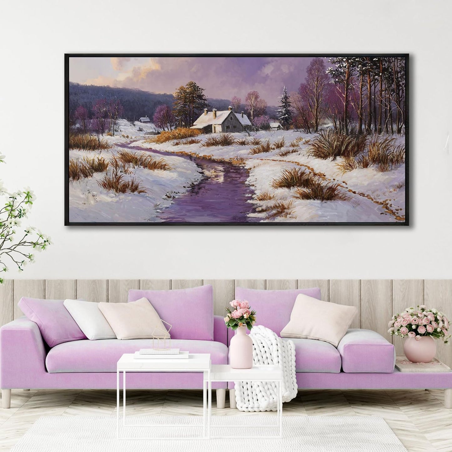 yiijeah Large Canvas Wall Art - Living Room Wall Decor Purple Snowy Country Paintings Framed Wall Pictures Artowrk for Walls Bedroom Nature Rustic Landscape for Office Home Decor