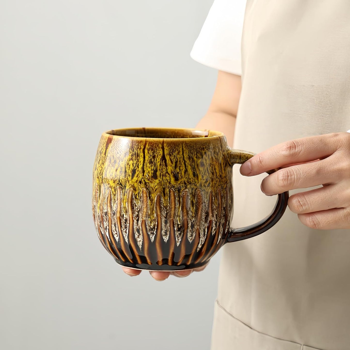 20oz Raku Glaze Coffee Mug - Unique Handcrafted Look Ceramic Cup, Large Tea Mug, Microwave & Dishwasher Safe (yellow)