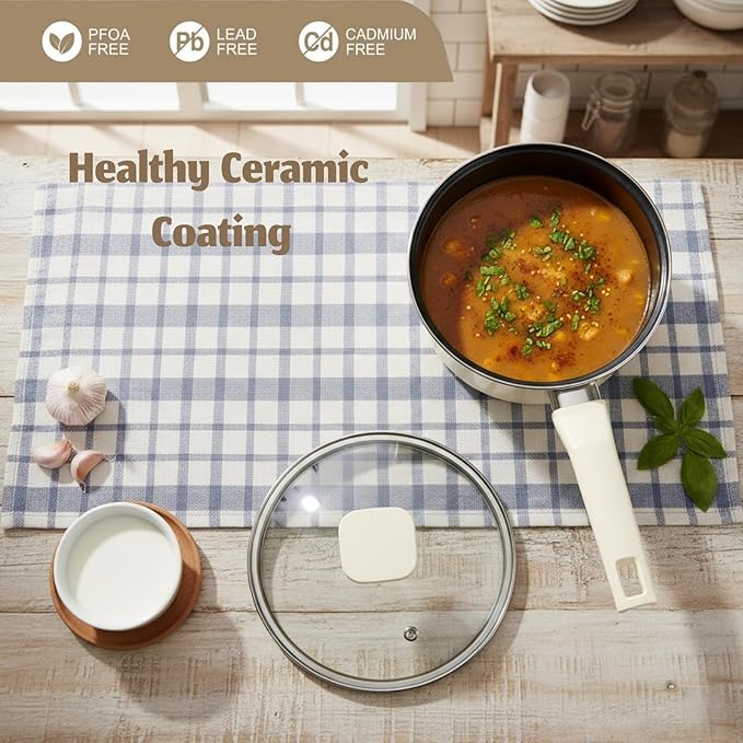 ZOOFOX Ceramic Sauce Pan with Lid, 1.5 Quarts Nonstick Small Cooking Pot with Stay-Cool Handle, Kitchen Non Toxic Soup Pot for Multipurpose Use, PTFE, PFOA and PFAS Free, Compatible All Stovetops