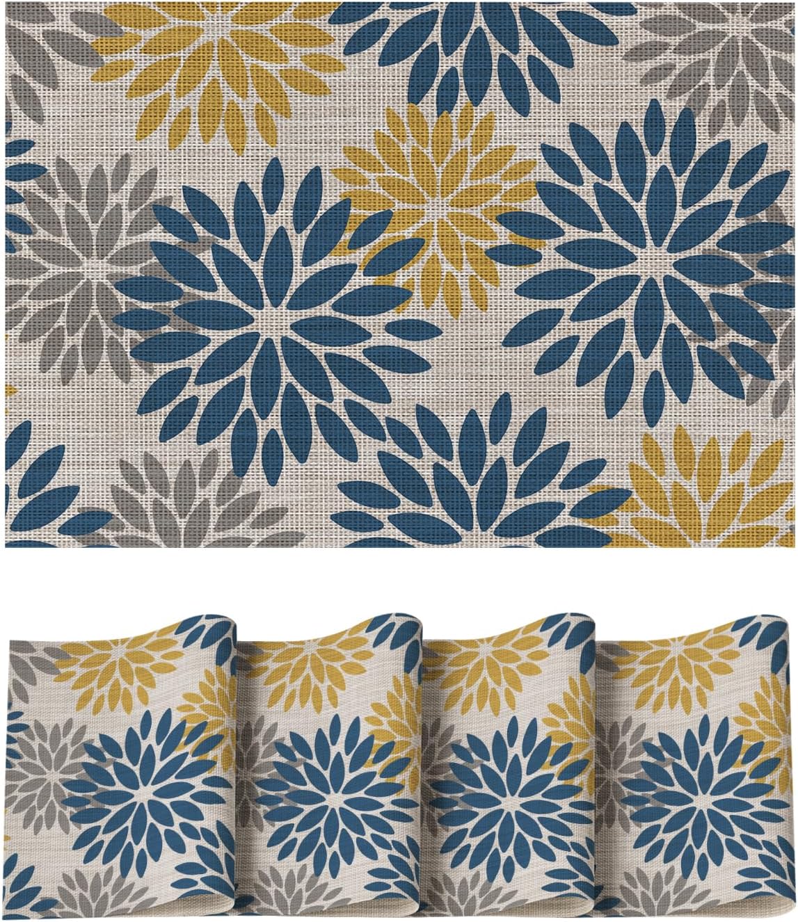 Artoid Mode Floral Vinyl Placemats Set of 4, Heat Resistant Washable Non-Slip Plistic PVC Place Mats for Party Kitchen Dining Decor, Blue Yellow