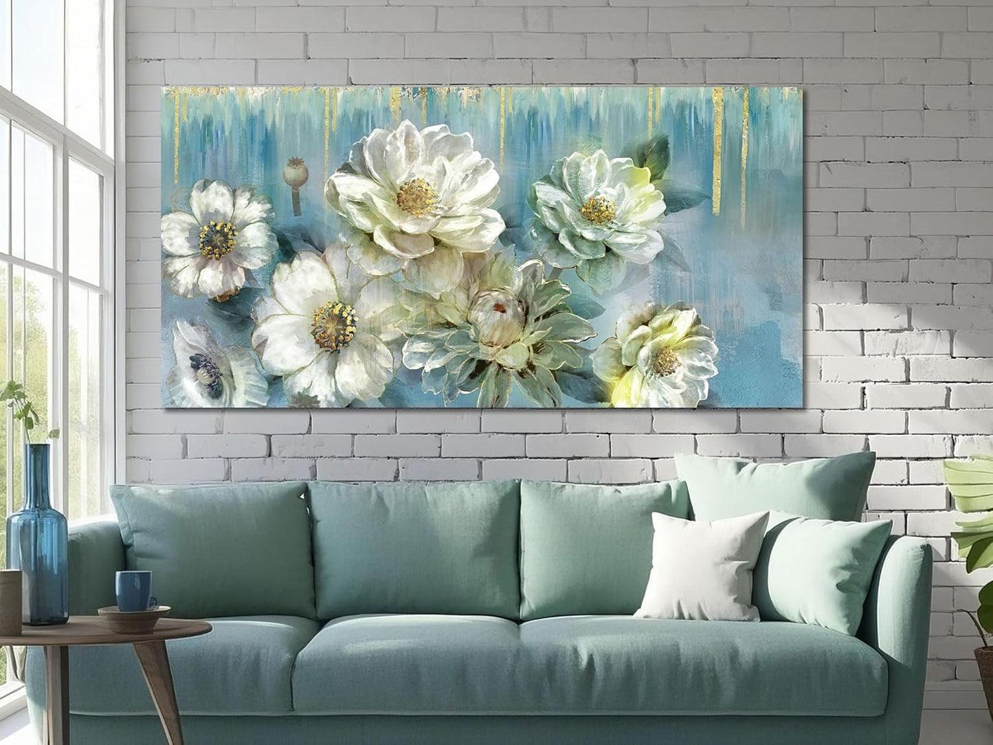Ardemy Floral Canvas Wall Art Extra Large Magnolia White Flowers Pictures Wall Decor Teal Textured Paintings Modern Turquoise Artwork for Living Room Bedroom Dinning Room Home Office, 58"x29"