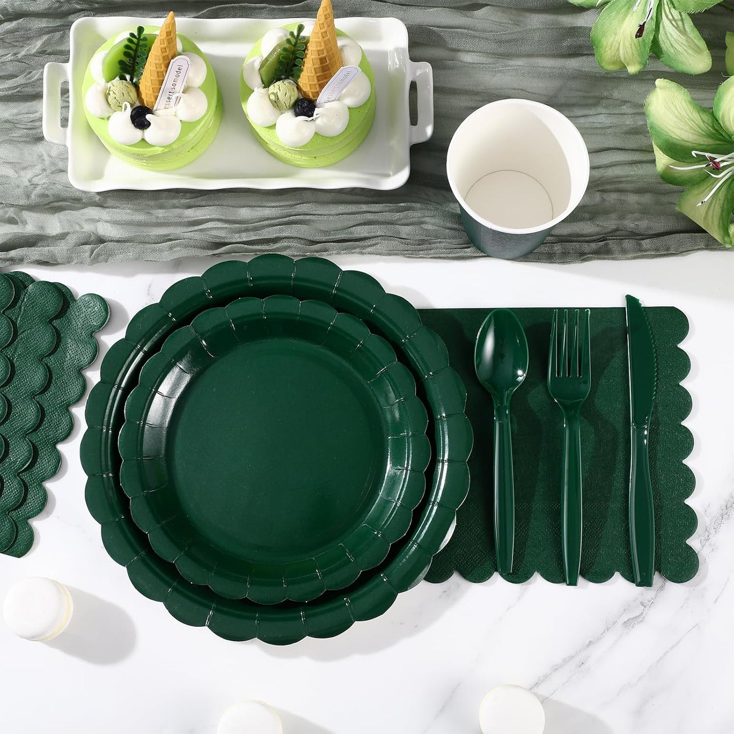 Dark Green Plates and Napkins, 25 Guest Green Party Supplies Include Christmas Plates Napkins Cups Plastic Spoons Forks Knives for Thanksgiving, Christmas, Birthday