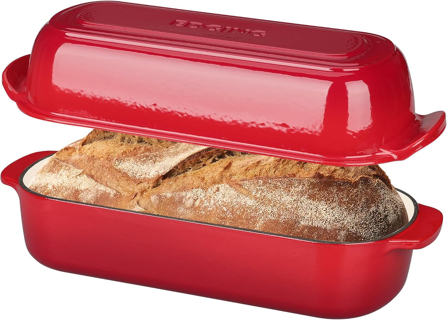 Enameled Cast Iron Loaf Pan with Lid, Dutch Oven Bread pan for Homemade Sourdough Bread Baking, 12.5x5.5 inch, 5qt, Red