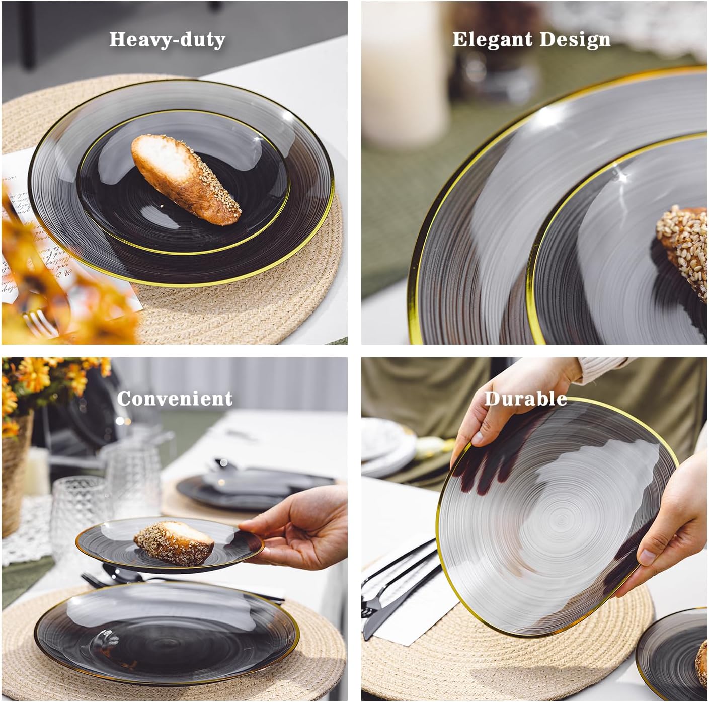 100PCS Black Plastic Plates-Crystal Design Black Disposable Plates with Gold Rim, Fancy Disposable Plates Include 50 Dinner Plates, 50 Dessert/Salad Plates for Party & Halloween