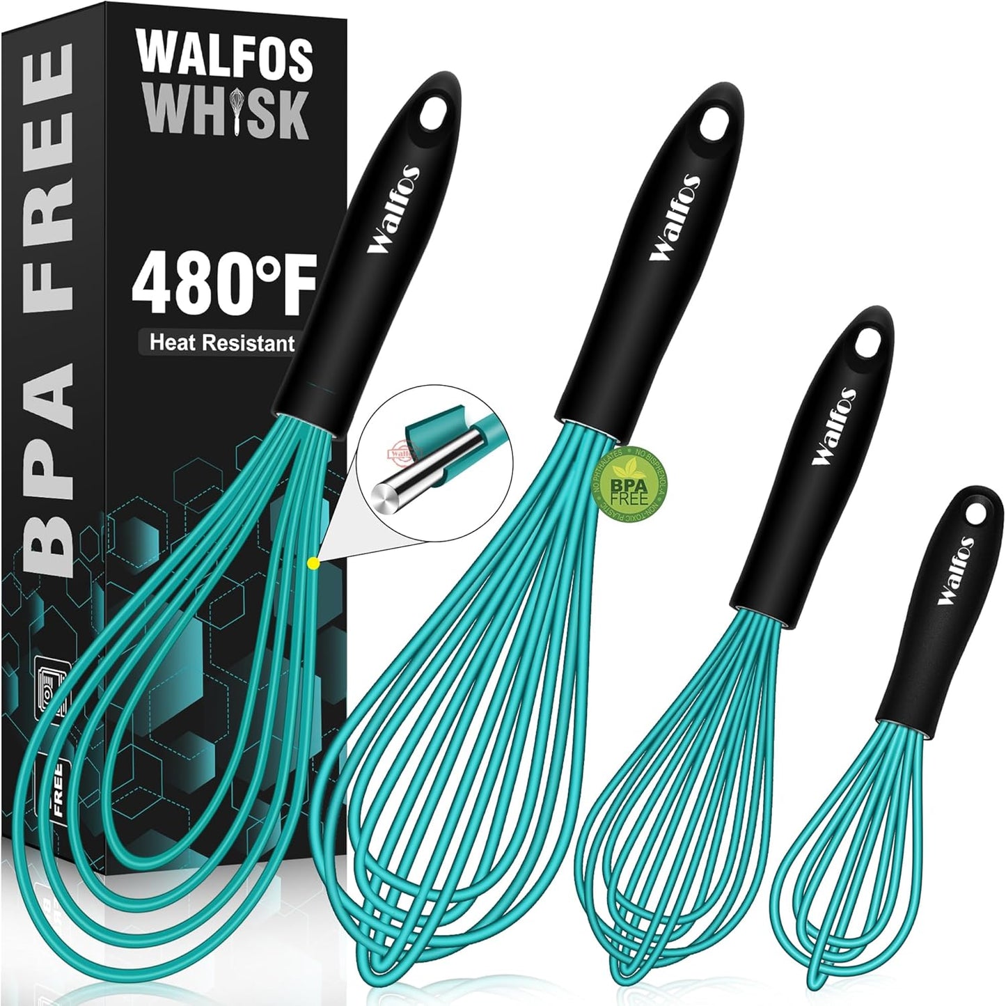 Walfos Silicone whisk,Whisks for Cooking Non Scratch, BPA Free whisk set of 4, 7+9+11in Balloon Whisks & 11in Flat Whisk, Heat Resistant(480°F).Great for Cooking in Pans, Baking, Whisking.Blue