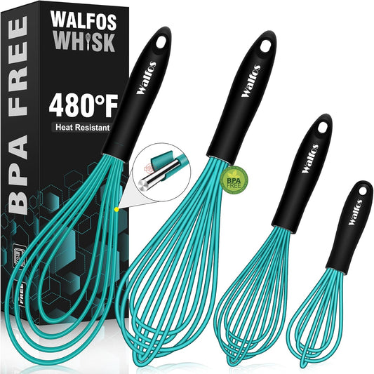 Walfos Silicone whisk,Whisks for Cooking Non Scratch, BPA Free whisk set of 4, 7+9+11in Balloon Whisks & 11in Flat Whisk, Heat Resistant(480°F).Great for Cooking in Pans, Baking, Whisking.Blue