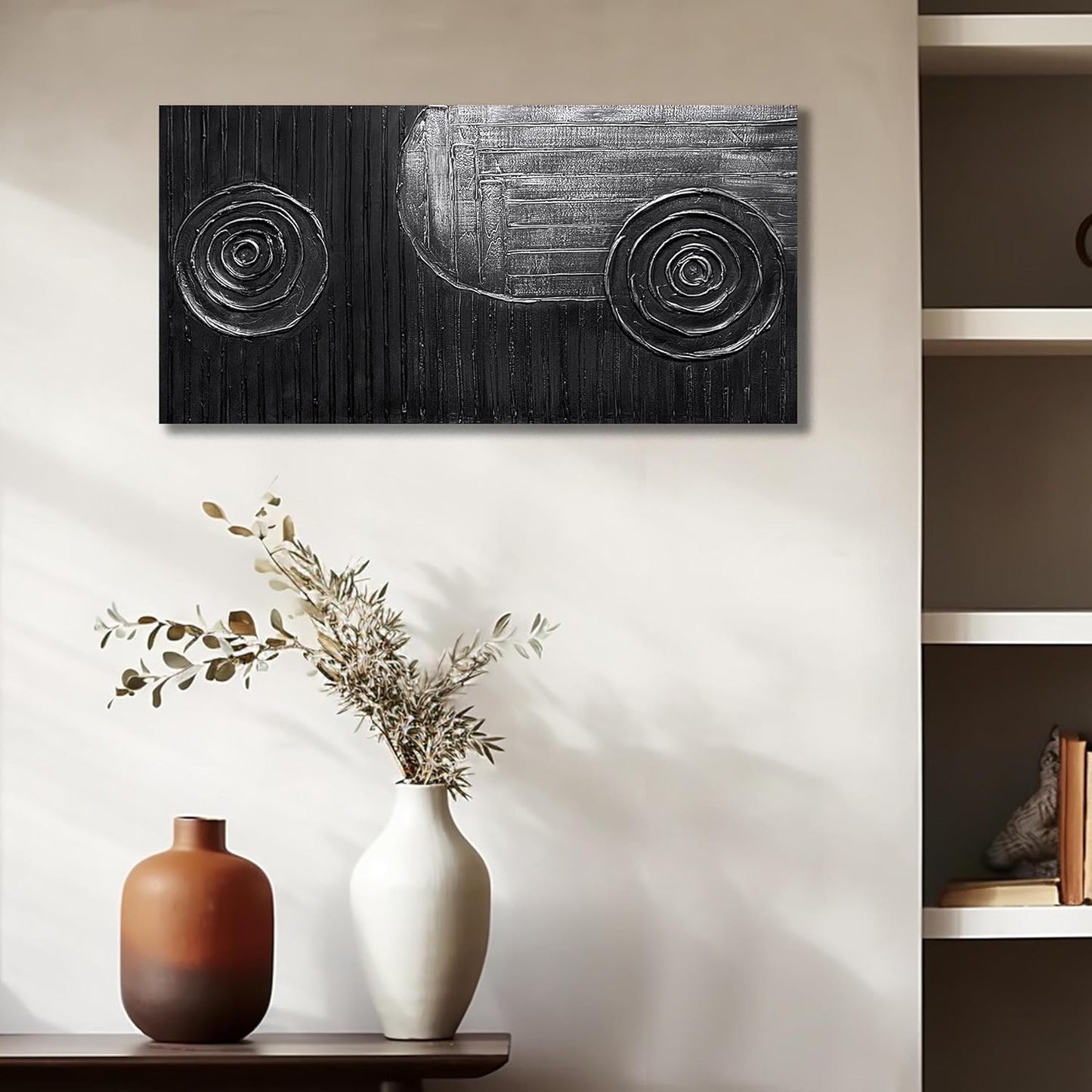 Abstract Oil Painting Wall Art Bedroom Black and Silver Canvas Wall Art for Living Room Circles Pictures Wall Decor for Kitchen Size 20 x 40 Inch