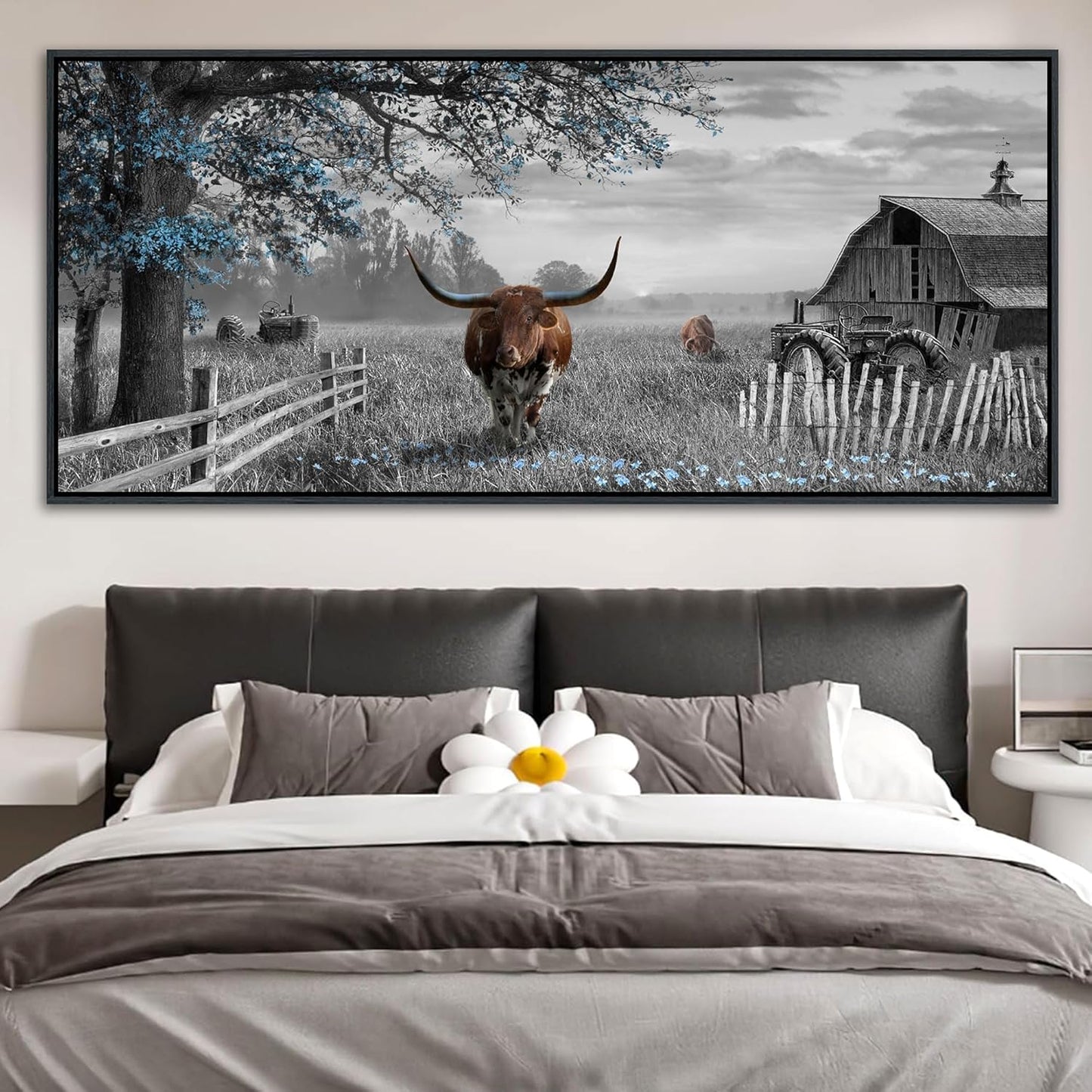 yiijeah Rustic Wall Art - Western Home Decor Cow Picture 86x39 Inches Extra Large Rustic Longhorn Living Room Bedroom Canvas Framed Artwork Farmhouse Wall Decor