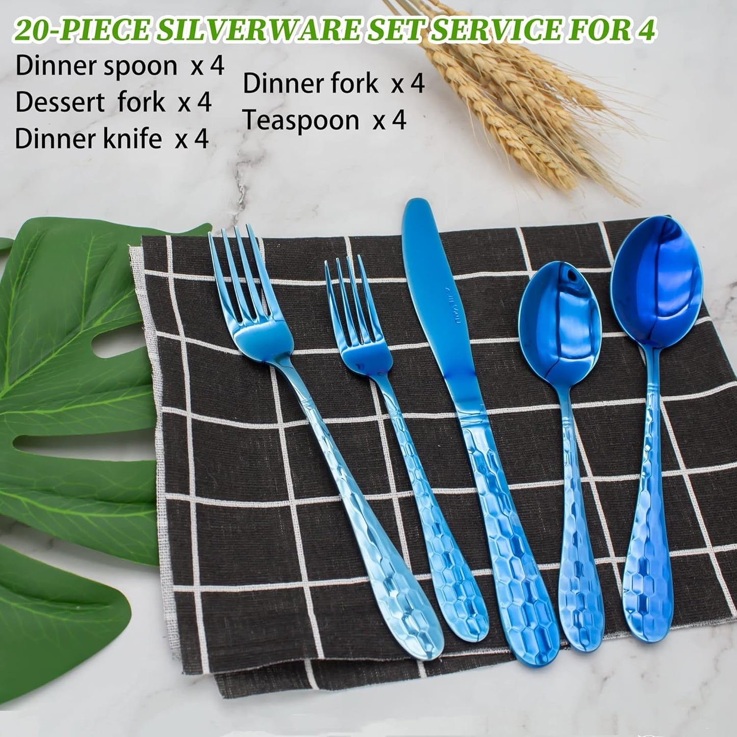 Hammered 20-Piece Silverware Set for 4, 18/10 Stainless Steel Flatware Silverware Set, Unique Design Knife Fork Spoon Set for Home Kitchen Restaurant Wedding, Smooth Edge, Dishwasher Safe (Blue)