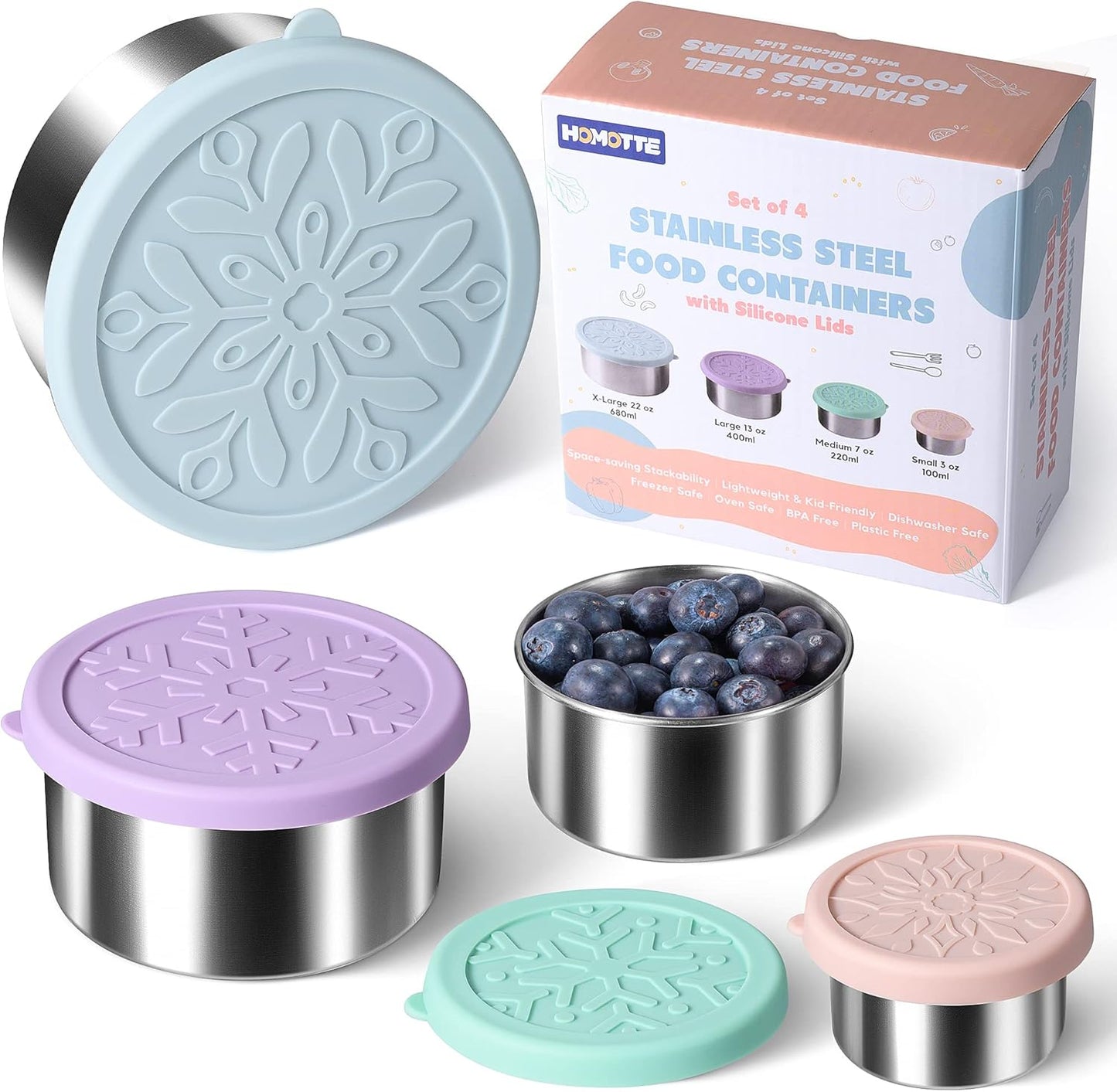 Stainless Steel Containers with Lids - Stackable Toddler Snack Containers, 18/8 Stainless Steel Lunch Box for Kids Adults, Leakproof Metal Food Storage Containers (4Pack: 3oz, 7oz, 13oz, 22oz)