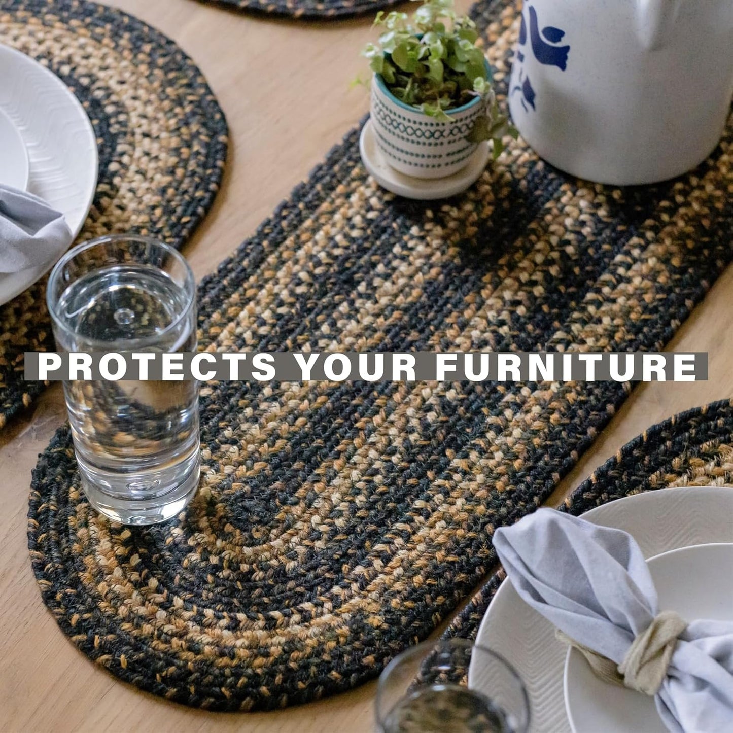 Homespice Kilimanjaro Round Braided Placemats, Warm Primitive Decor, Set of 2, 15" Black and Tan Jute Table Mats - Vibrant Colors, Durable, Easy to Clean and Protects Furniture