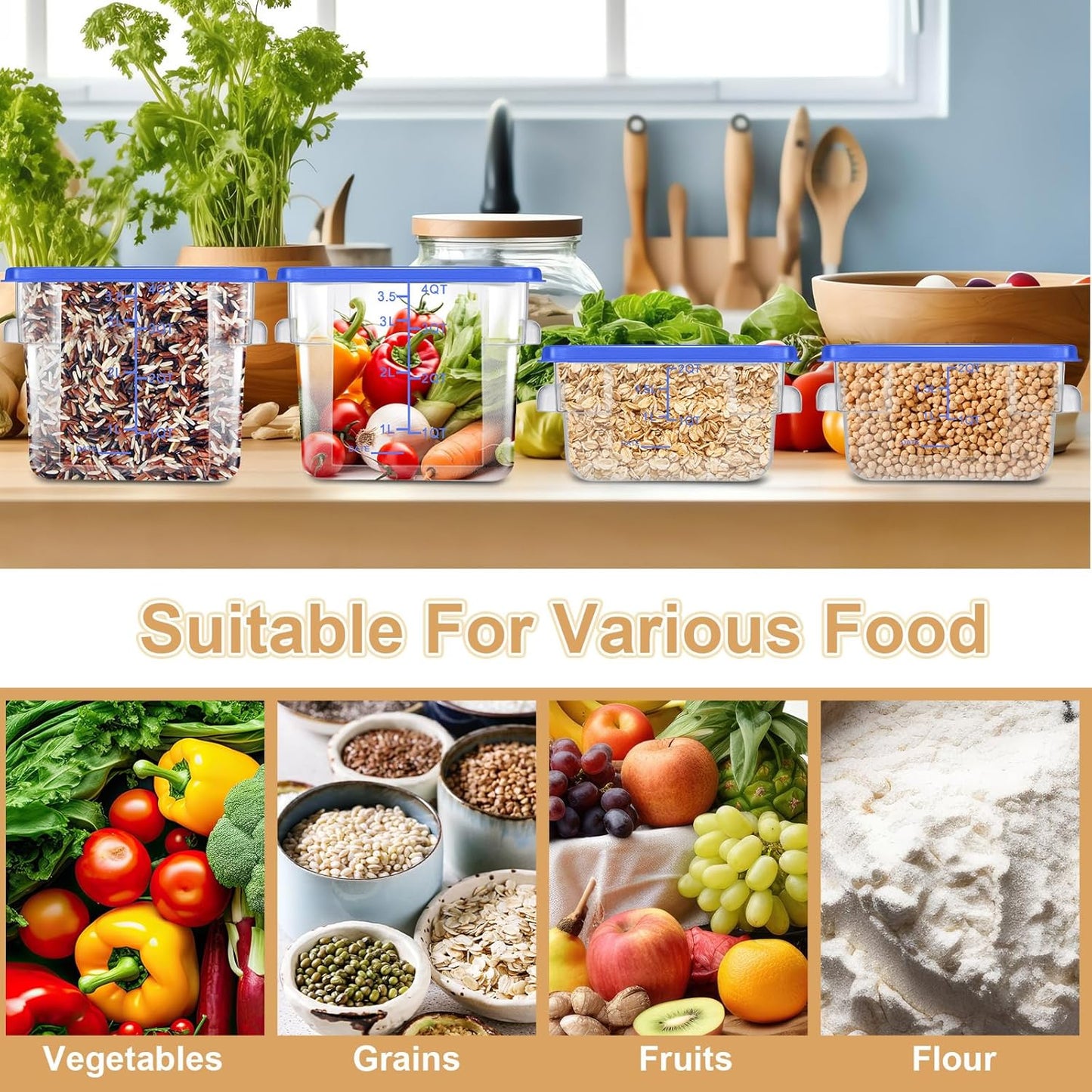 Barydat 4 Pcs Food Storage Container with Lids 2Qt and 4Qt Square Commercial Containers with Scales and Handles Polycarbonate Clear Food Storage for Kitchen Proof Dough Marinating Meat(Blue)