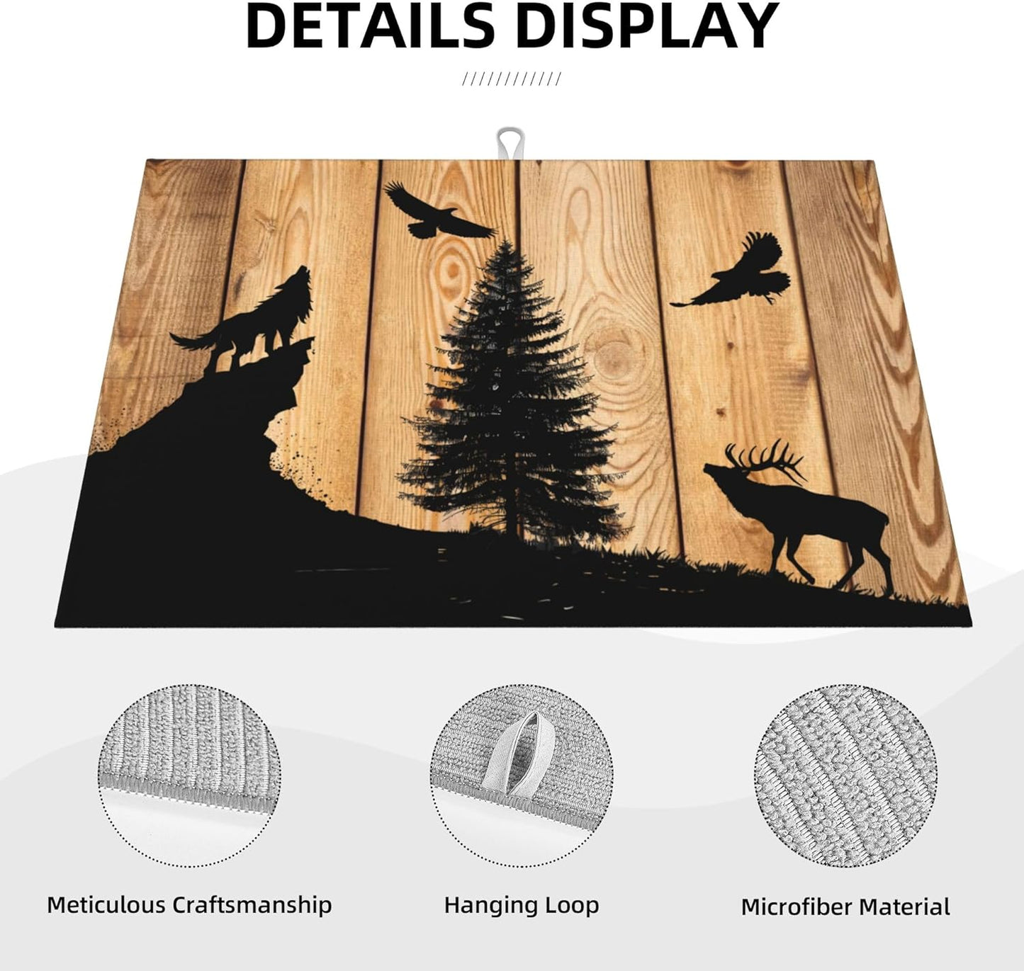 Retro Rustic Wolf Deer Forest Brown Wood Dish Drying Mat for Kitchen Counter, 18"x24" Microfiber Absorbent Fast Dry Mat, 2Pcs Dish Mat Faucet Mats Sets, Large Drying Kitchen Mat Kitchen Drying Pad