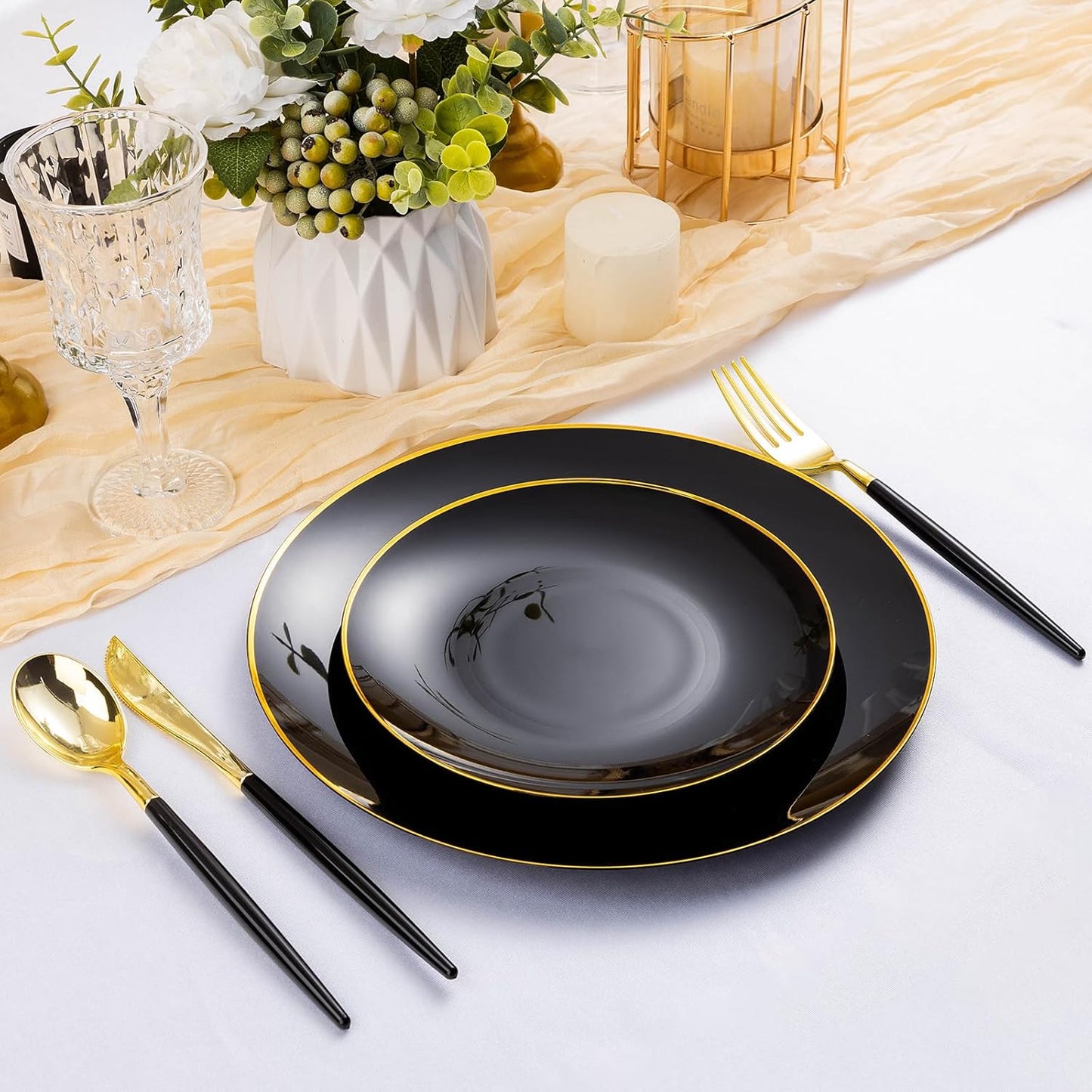 100PCS Black Plastic Plates with Gold Rim, Black Gold Disposable Plates for Party, Graduation and Wedding, Include 50 Dinner Plates, 50 Dessert Plates for 50 Guests