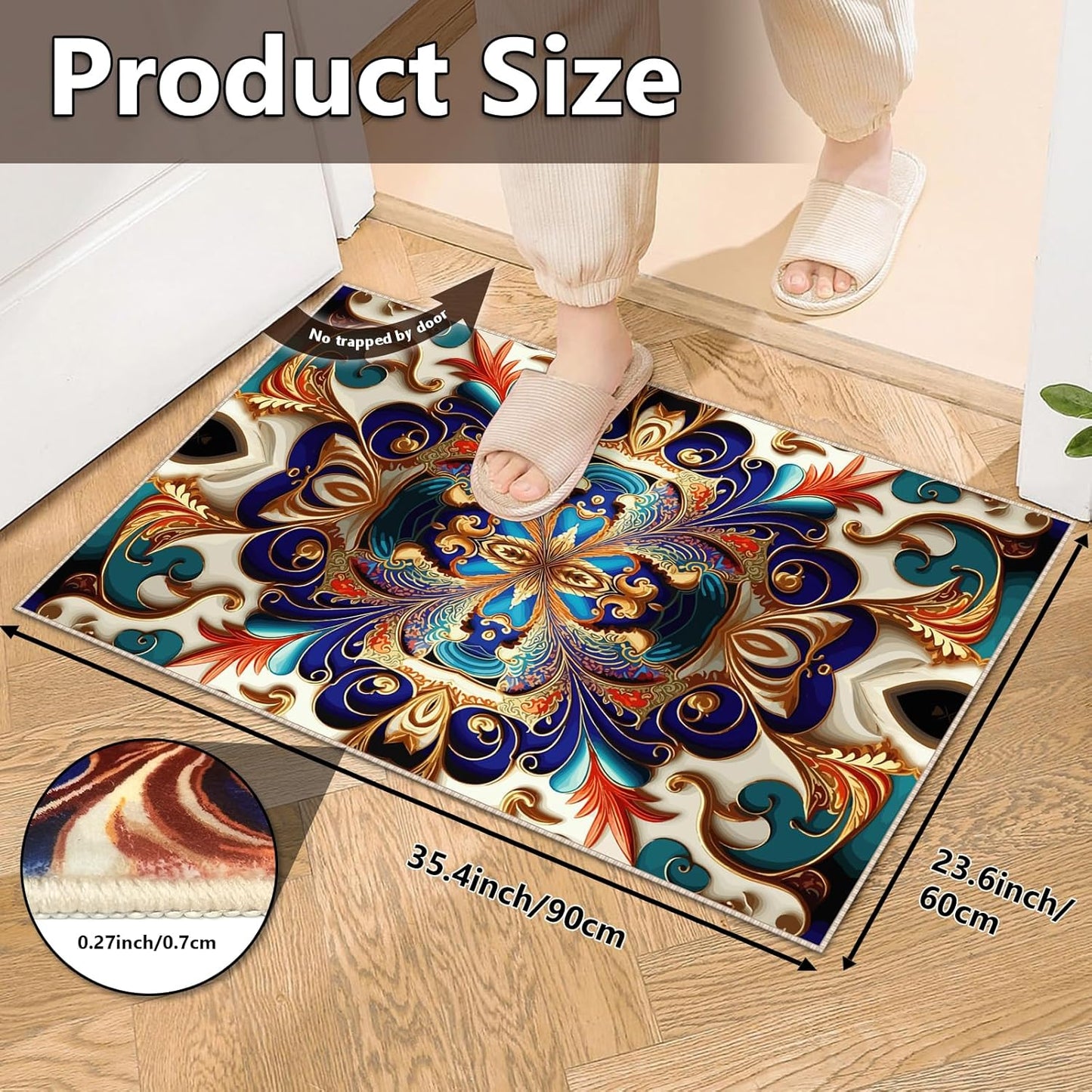 Washable Entrance Door Mat, Non-Slip Vintage Hallway Rug Runner with Upgrade Rubber Backing, Stain Resistant Faux Wool Distressed Carpet Runner for Bedroom, Kitchen, Laundry, Entrance (35.4" x 23.6")