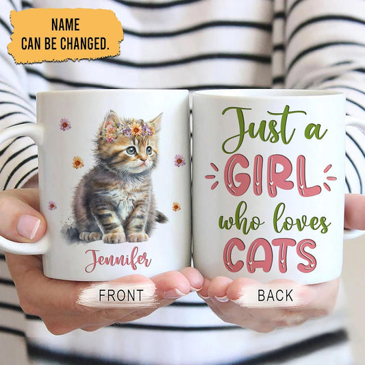 Hyturtle Personalized Gifts Cat Lover - Just A Girl Who Loves Cats Custom Name Ceramic Coffee Mug Cup 11oz - Idea Cute Animal Lover Gifts For Women, Girl Daughter On Birthday, Christmas
